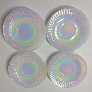 4 Antique 1960 Federal Glass Moonglow Pearl Iridescent‎ Opalescent Saucer Plates